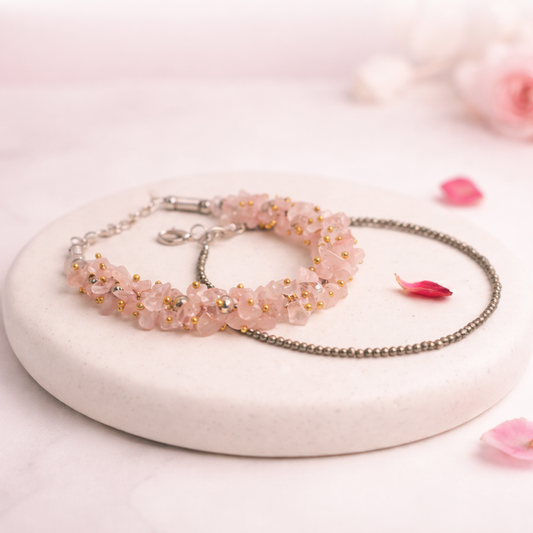 Raw golden Pyrite crystal anklet paired with a natural pink Rose Quartz chips bracelet for wealth and love.