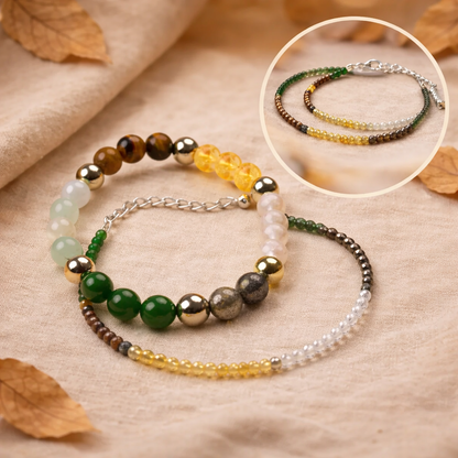 Dhanyog wealth-attracting couple's set including matching multi-crystal bracelets and anklets for financial success and abundance.