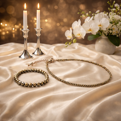 Premium Pyrite couple’s set featuring two matching beaded bracelets and two raw Pyrite anklets for wealth and protection.