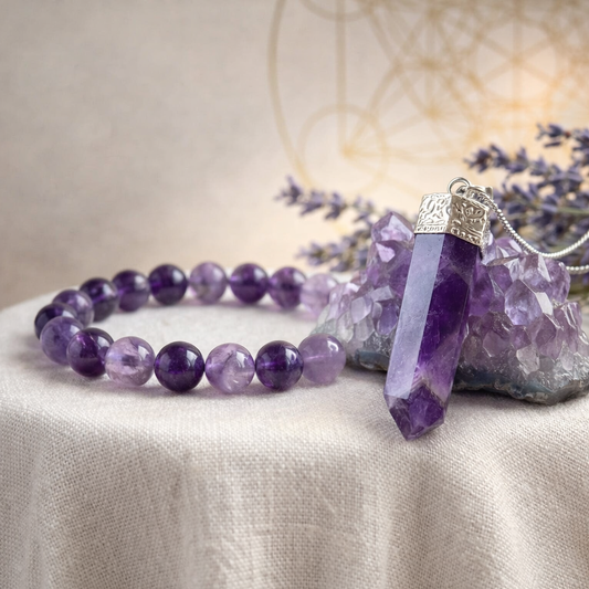 Two natural purple Amethyst beaded bracelets as a matching set for couples to promote peace, spiritual growth, and stress relief.