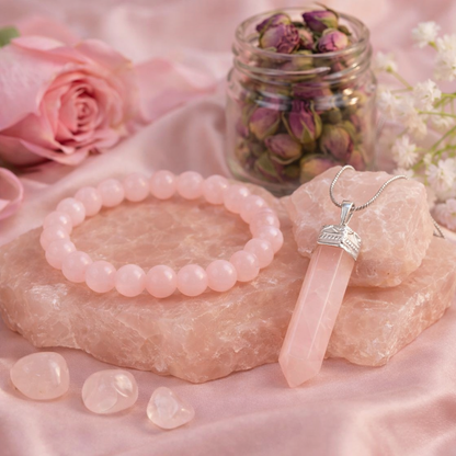 Two natural pink Rose Quartz beaded bracelets as a matching "Love Attraction" set for couples to enhance romance and harmony.