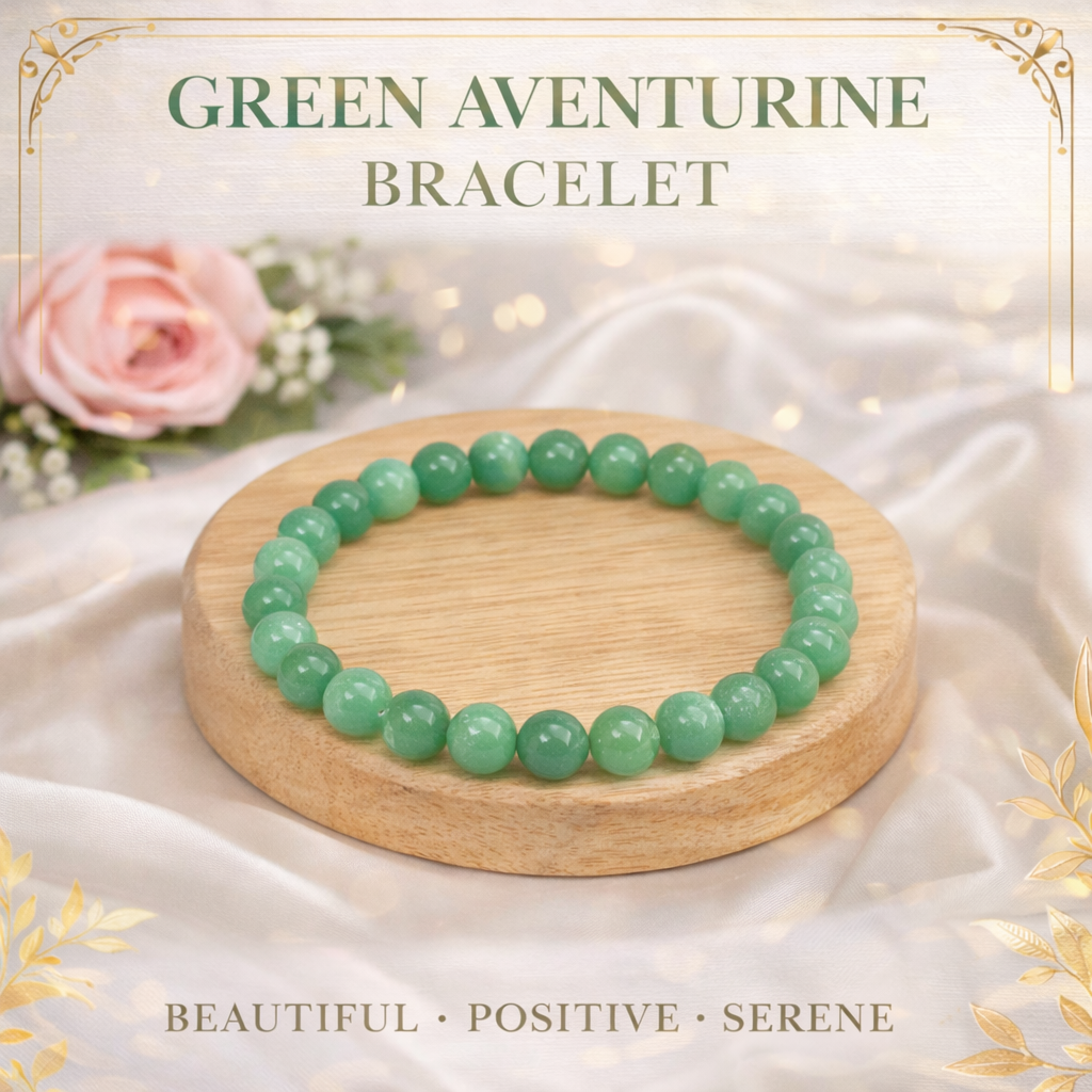 Natural Green Aventurine beaded bracelet resting on a raw white Selenite charging plate for luck and energy cleansing.