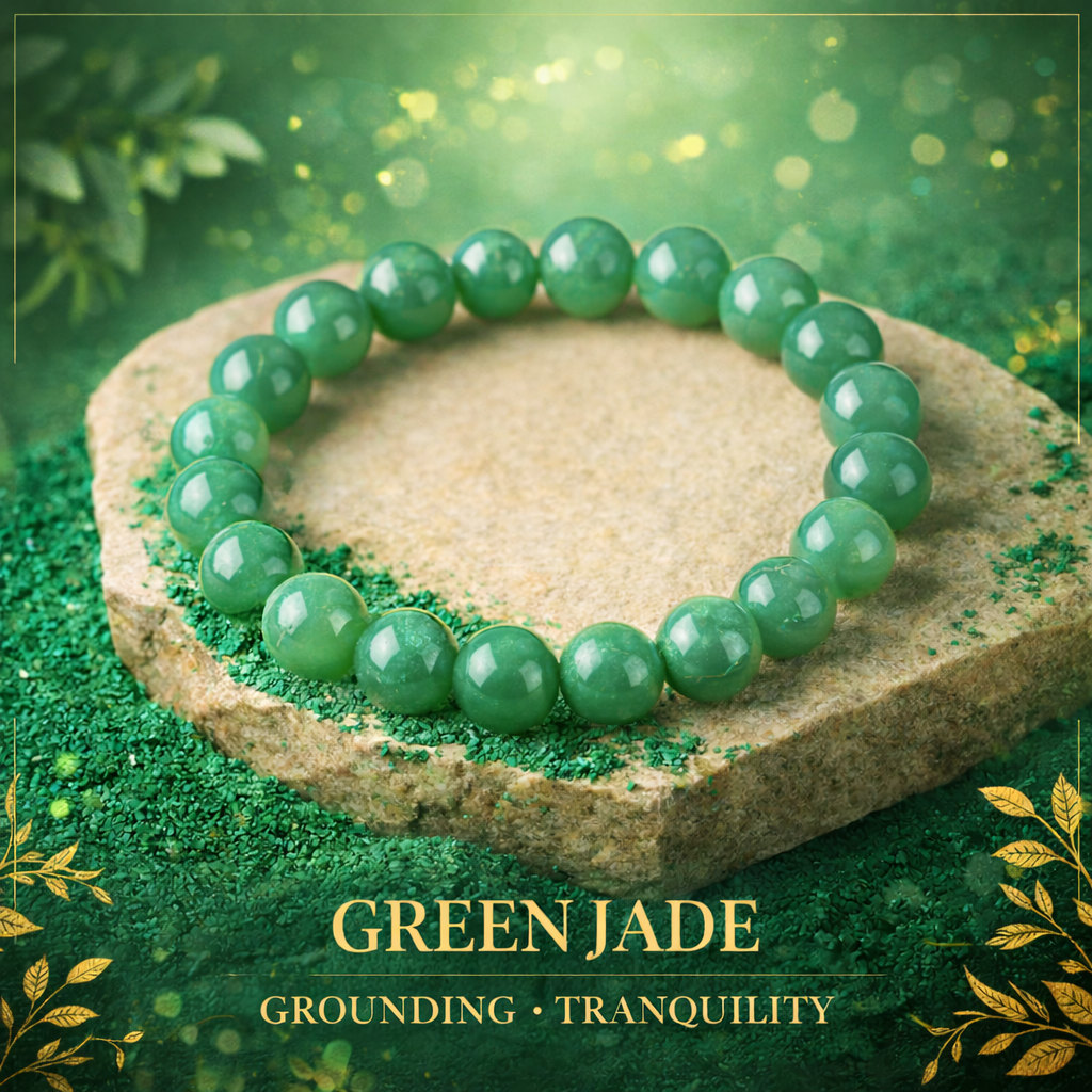 Natural Green Jade beaded bracelet resting on a raw white Selenite charging plate for energy cleansing and abundance.