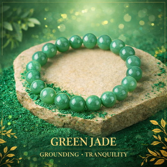 Natural Green Jade beaded bracelet resting on a raw white Selenite charging plate for energy cleansing and abundance.