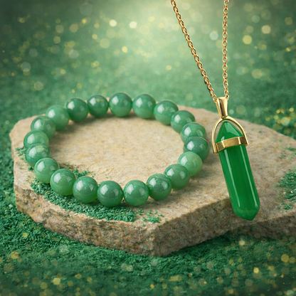 Two natural Green Jade beaded bracelets as a matching set for couples to promote health, wealth, and long-lasting relationships.