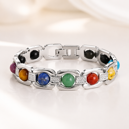 7 Chakra Stone Bracelet with Karungali Beads - Silver