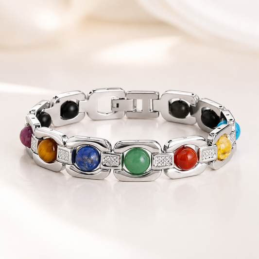7 Chakra Stone Bracelet with Karungali Beads - Silver