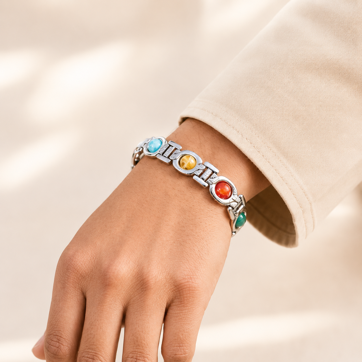 7 Chakra Stone Bracelet with Karungali Beads - Silver