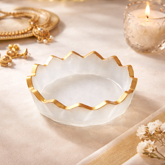 Selenite Charging Bowl with Gold Rim, 3 Inch Natural White Stone Bowl for Crystal Cleansing, Healing