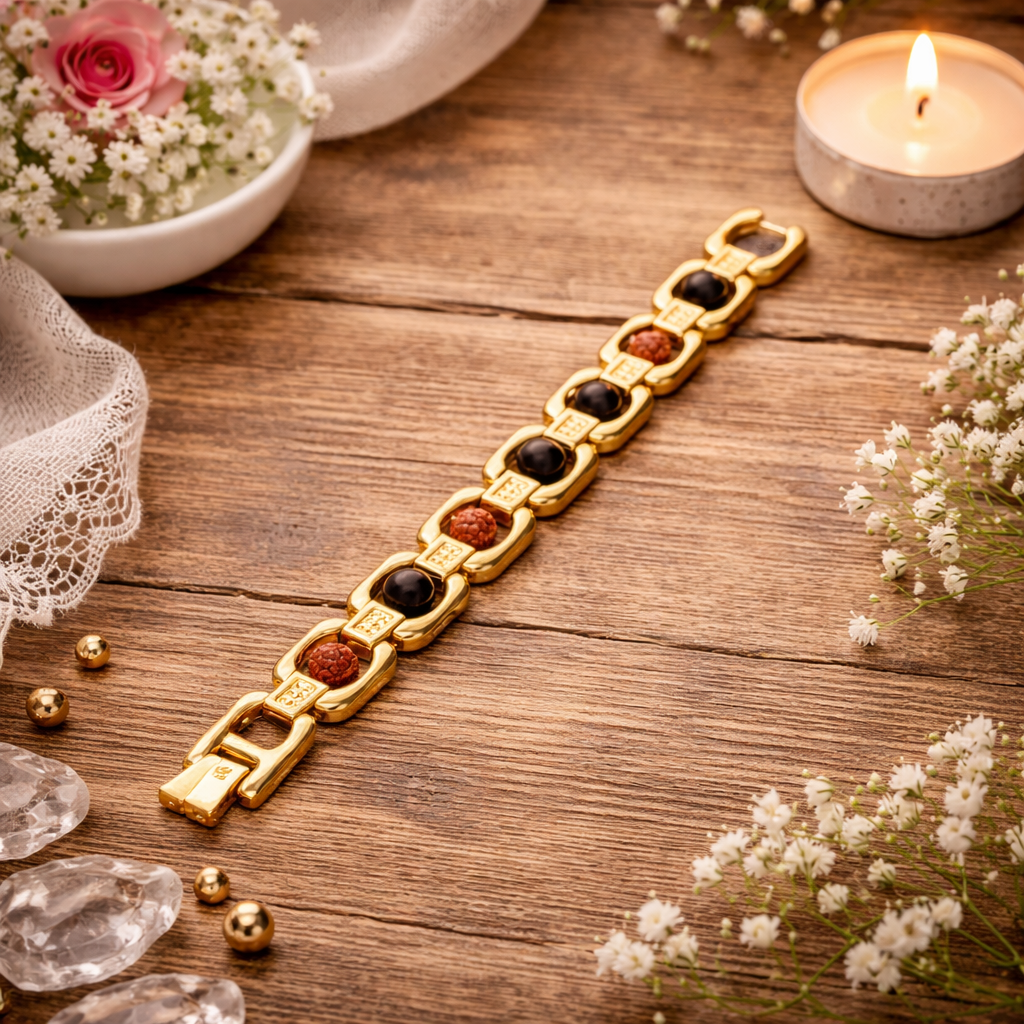 Metal Ruduraksha And Karungali Bracelet - Gold