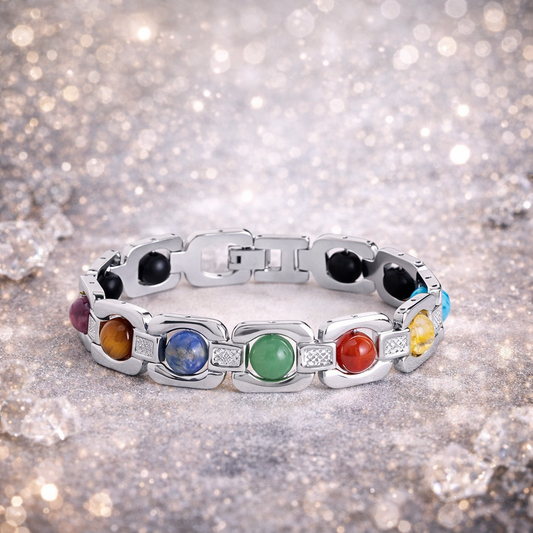 7 Chakra Stone Bracelet with Karungali Beads - Silver