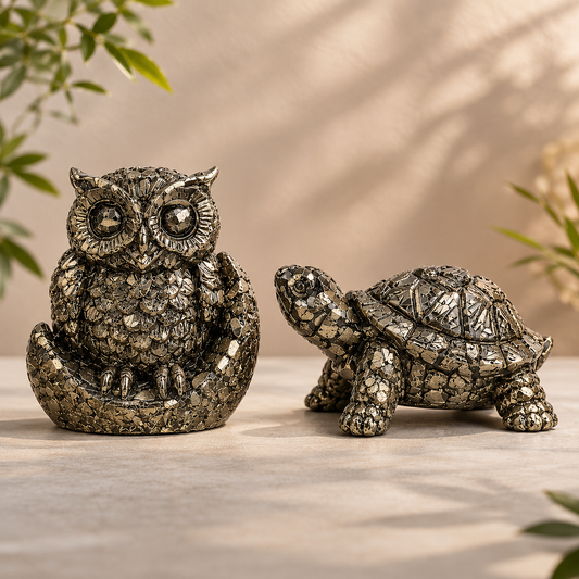 Pyrite Owl & Vastu Kachhua Combo – Wealth, Wisdom & Positive Energy