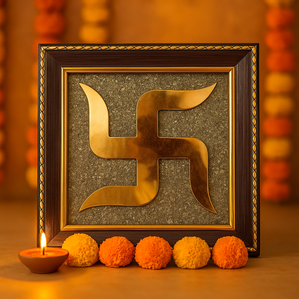 Decorative frame with a gold swastika symbol on a textured background, accompanied by colorful pom-poms and a lit candle.