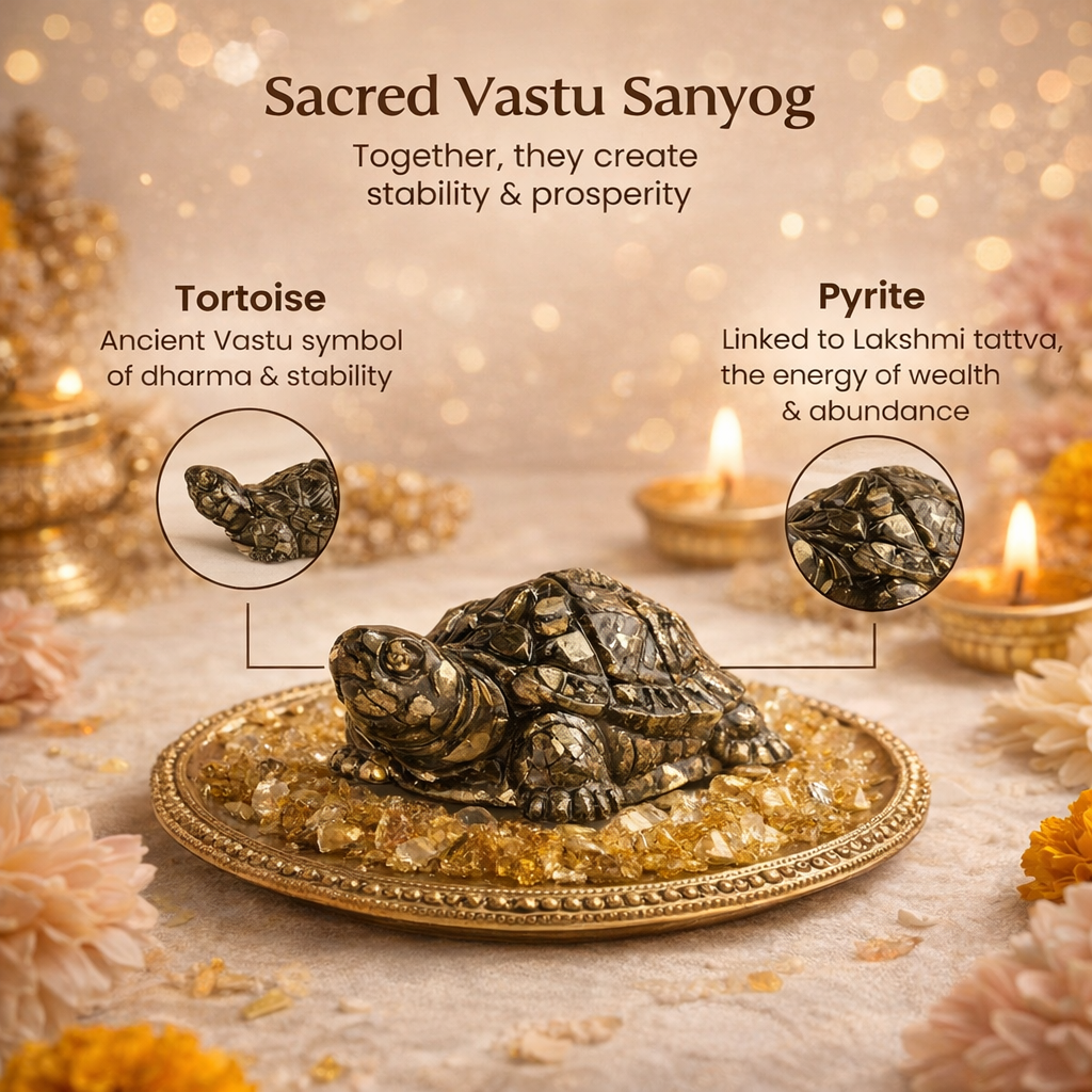 A Vastu-compliant tortoise figurine carved from natural golden pyrite crystal. The tortoise features a detailed shell with the characteristic metallic luster and brassy-yellow hues of pyrite, symbolizing the merger of stability and financial abundance.