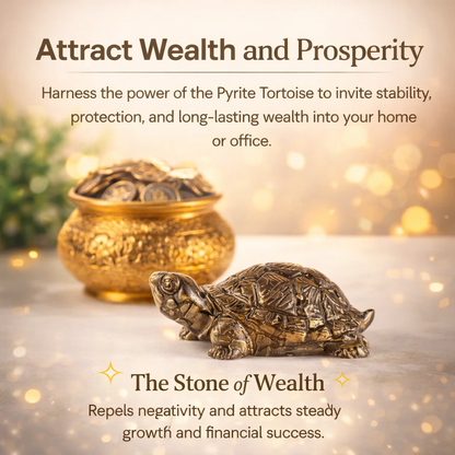 A Vastu-compliant tortoise figurine carved from natural golden pyrite crystal. The tortoise features a detailed shell with the characteristic metallic luster and brassy-yellow hues of pyrite, symbolizing the merger of stability and financial abundance.