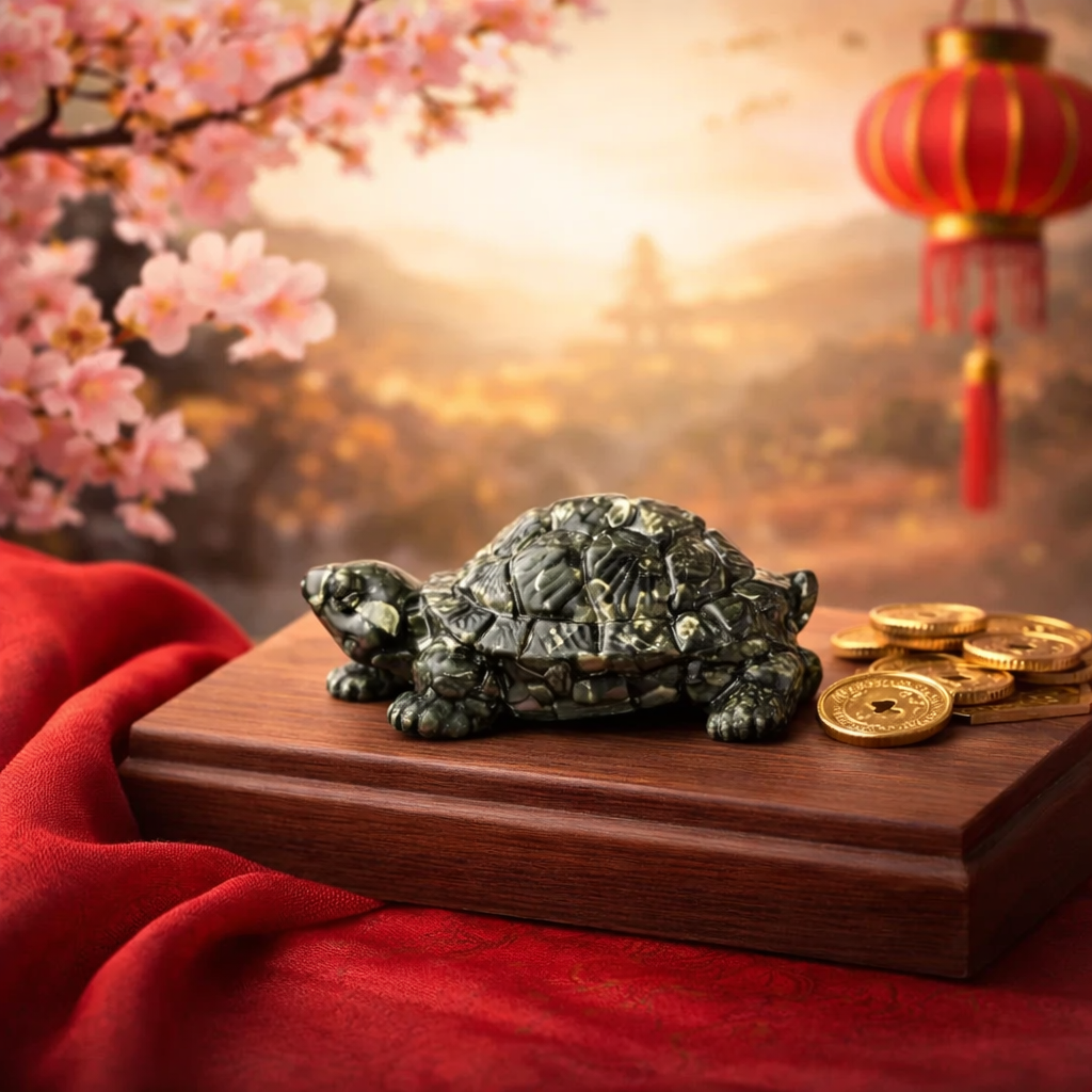 A Vastu-compliant tortoise figurine carved from natural golden pyrite crystal. The tortoise features a detailed shell with the characteristic metallic luster and brassy-yellow hues of pyrite, symbolizing the merger of stability and financial abundance.