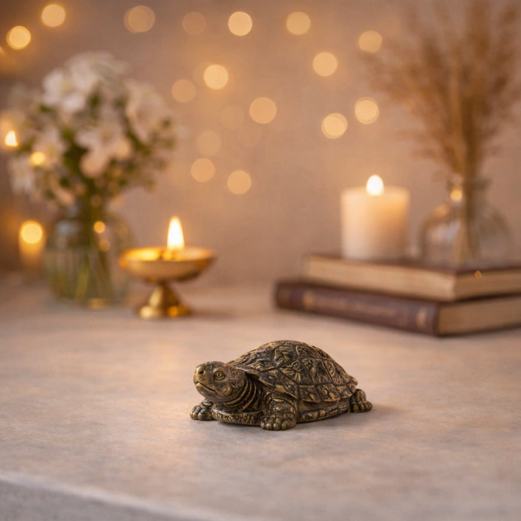 A Vastu-compliant tortoise figurine carved from natural golden pyrite crystal. The tortoise features a detailed shell with the characteristic metallic luster and brassy-yellow hues of pyrite, symbolizing the merger of stability and financial abundance.