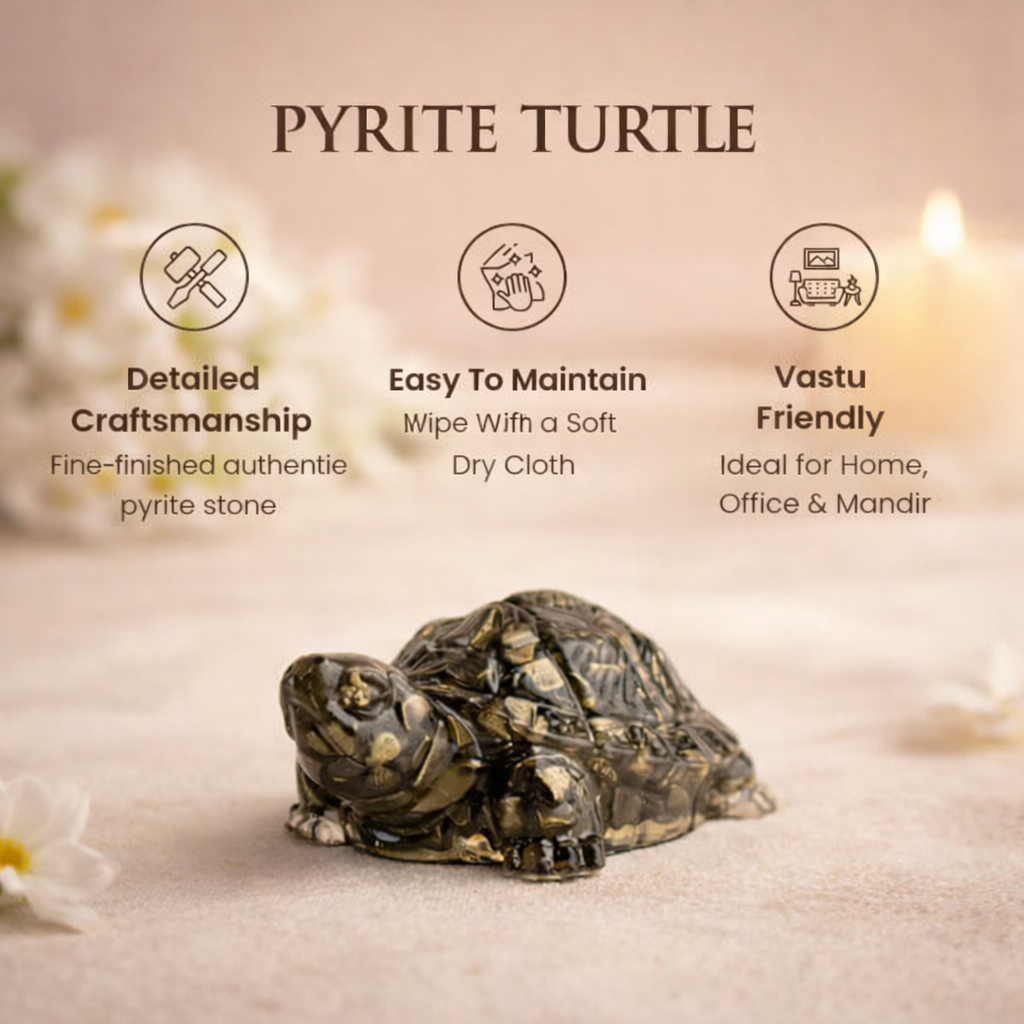 A Vastu-compliant tortoise figurine carved from natural golden pyrite crystal. The tortoise features a detailed shell with the characteristic metallic luster and brassy-yellow hues of pyrite, symbolizing the merger of stability and financial abundance.