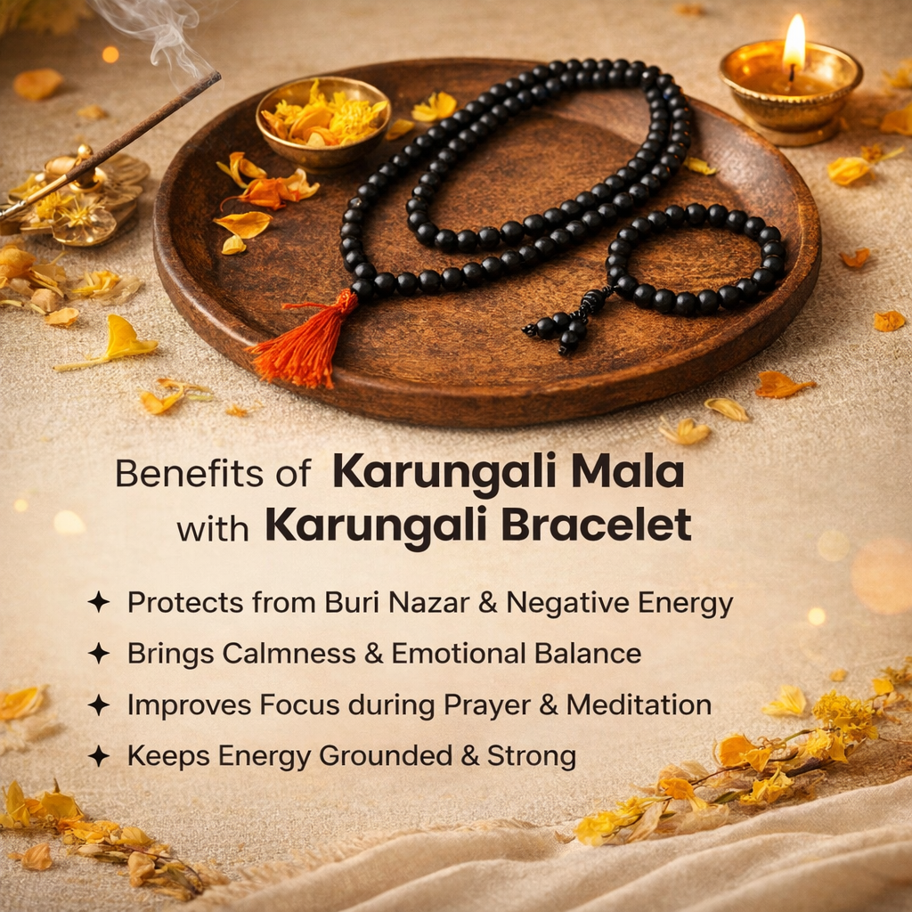 A spiritual combo set featuring a Karungali Malai and a matching bracelet, both made from 8mm genuine black ebony wood beads. The set is displayed alongside its official Government Laboratory Certificate, verifying the authenticity of the wood. The beads have a smooth, natural matte finish and are strung on a durable cord.
