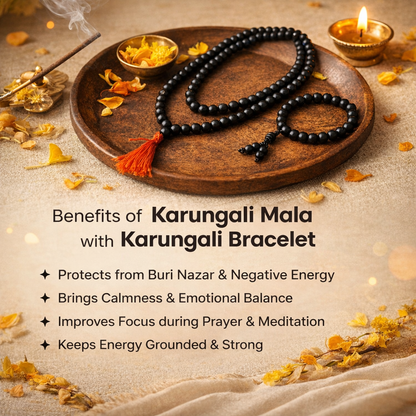 A spiritual combo set featuring a Karungali Malai and a matching bracelet, both made from 8mm genuine black ebony wood beads. The set is displayed alongside its official Government Laboratory Certificate, verifying the authenticity of the wood. The beads have a smooth, natural matte finish and are strung on a durable cord.