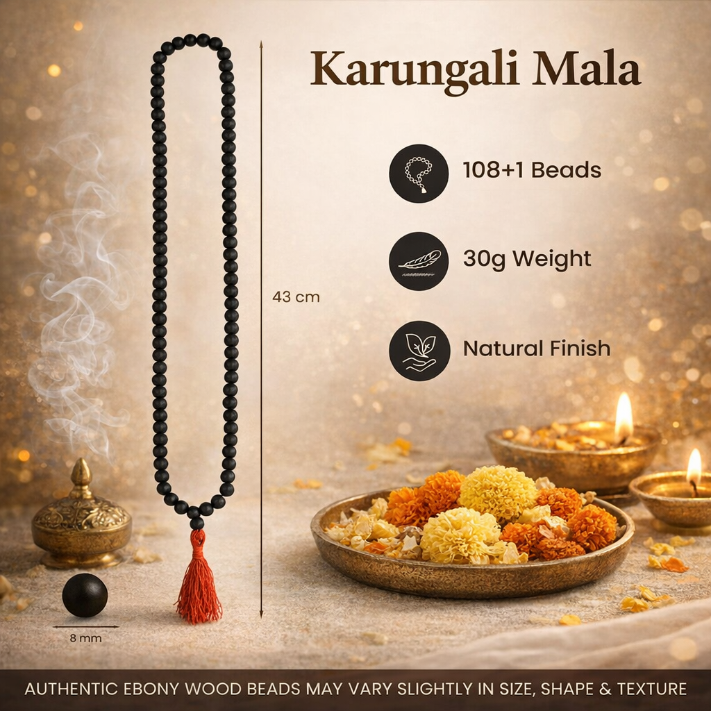 A spiritual combo set featuring a Karungali Malai and a matching bracelet, both made from 8mm genuine black ebony wood beads. The set is displayed alongside its official Government Laboratory Certificate, verifying the authenticity of the wood. The beads have a smooth, natural matte finish and are strung on a durable cord.