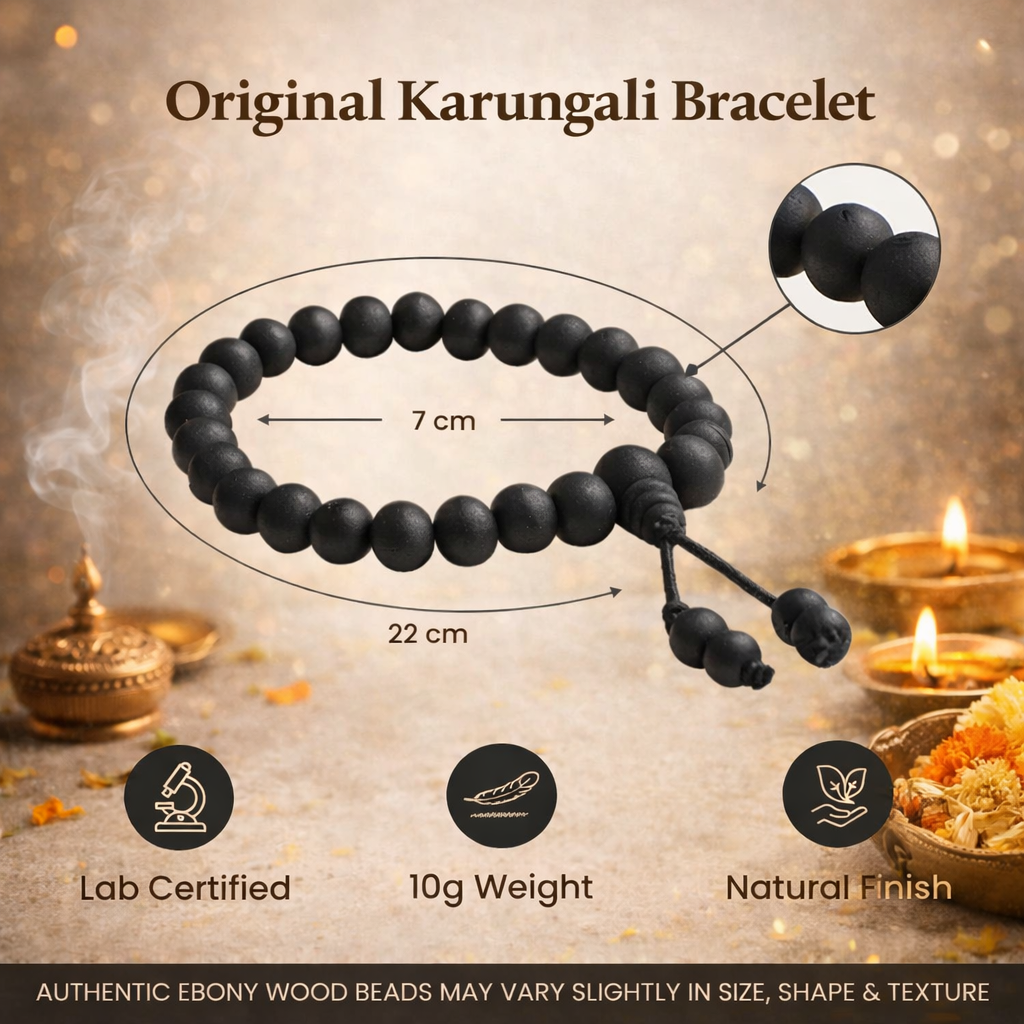 A spiritual combo set featuring a Karungali Malai and a matching bracelet, both made from 8mm genuine black ebony wood beads. The set is displayed alongside its official Government Laboratory Certificate, verifying the authenticity of the wood. The beads have a smooth, natural matte finish and are strung on a durable cord.