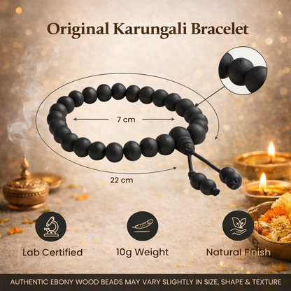 A spiritual combo set featuring a Karungali Malai and a matching bracelet, both made from 8mm genuine black ebony wood beads. The set is displayed alongside its official Government Laboratory Certificate, verifying the authenticity of the wood. The beads have a smooth, natural matte finish and are strung on a durable cord.