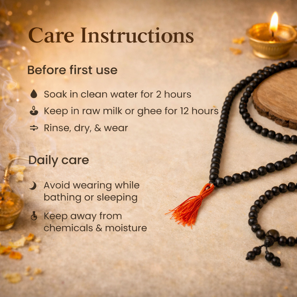 A spiritual combo set featuring a Karungali Malai and a matching bracelet, both made from 8mm genuine black ebony wood beads. The set is displayed alongside its official Government Laboratory Certificate, verifying the authenticity of the wood. The beads have a smooth, natural matte finish and are strung on a durable cord.