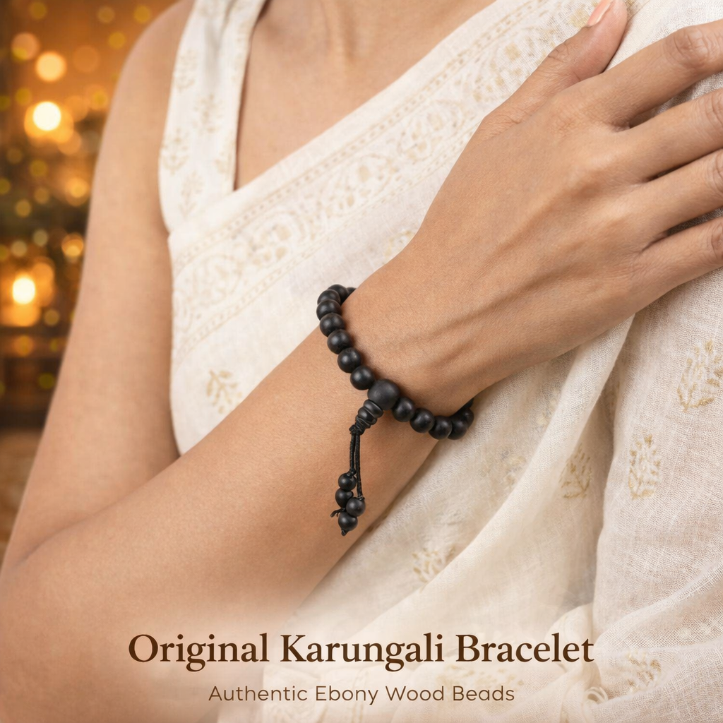 A spiritual combo set featuring a Karungali Malai and a matching bracelet, both made from 8mm genuine black ebony wood beads. The set is displayed alongside its official Government Laboratory Certificate, verifying the authenticity of the wood. The beads have a smooth, natural matte finish and are strung on a durable cord.