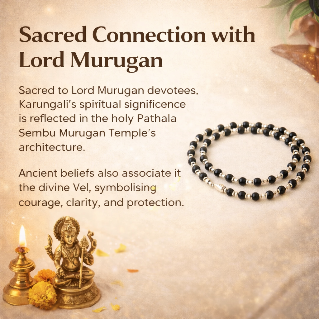 A premium Karungali Mala featuring 108 authentic black ebony wood beads, each meticulously capped with polished pure silver. The dark, matte texture of the wood contrasts beautifully with the gleaming silver caps, finished with a silver-capped Guru bead and a traditional black tassel.