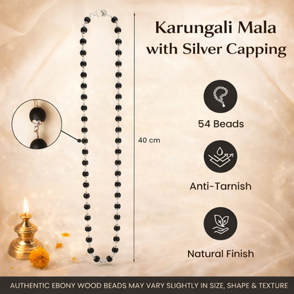 A premium Karungali Mala featuring 108 authentic black ebony wood beads, each meticulously capped with polished pure silver. The dark, matte texture of the wood contrasts beautifully with the gleaming silver caps, finished with a silver-capped Guru bead and a traditional black tassel.
