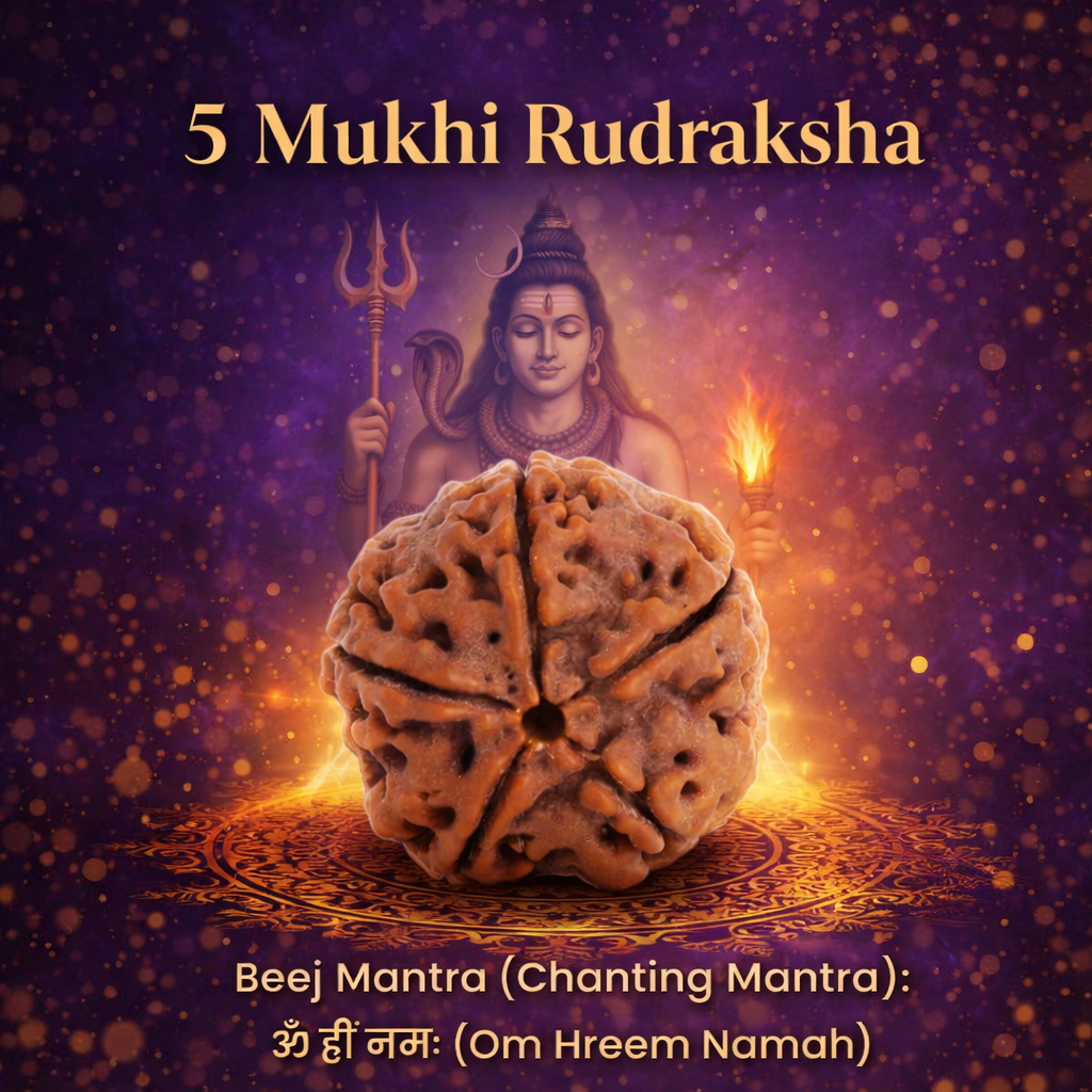 A high-quality Siddh 5 Mukhi Rudraksha bead from Nepal, signifying Lord Kalagni Rudra. The image displays a natural brown seed with five clearly defined vertical lines or 'faces' running from top to bottom, symbolizing health, peace, and spiritual purification.