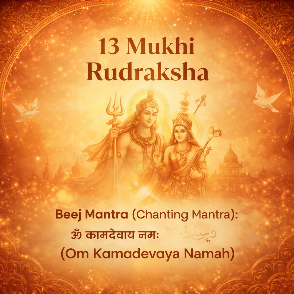 A rare Siddh 13 Mukhi Rudraksha bead from Nepal, associated with Lord Kamadeva and Lord Indra. The image displays a large, high-grade mahogany seed with 13 distinct, natural lines running vertically from top to bottom, symbolizing charm, charisma, and worldly success.