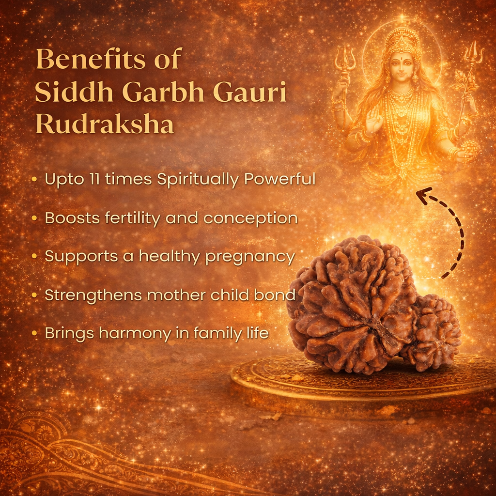 A rare Siddh Garbh Gauri Rudraksha from Nepal, featuring two naturally fused seeds of unequal size. The larger bead represents Goddess Parvati, while the smaller bead attached to its side represents Lord Ganesha, symbolizing a divine mother-child bond and protective maternal energy.