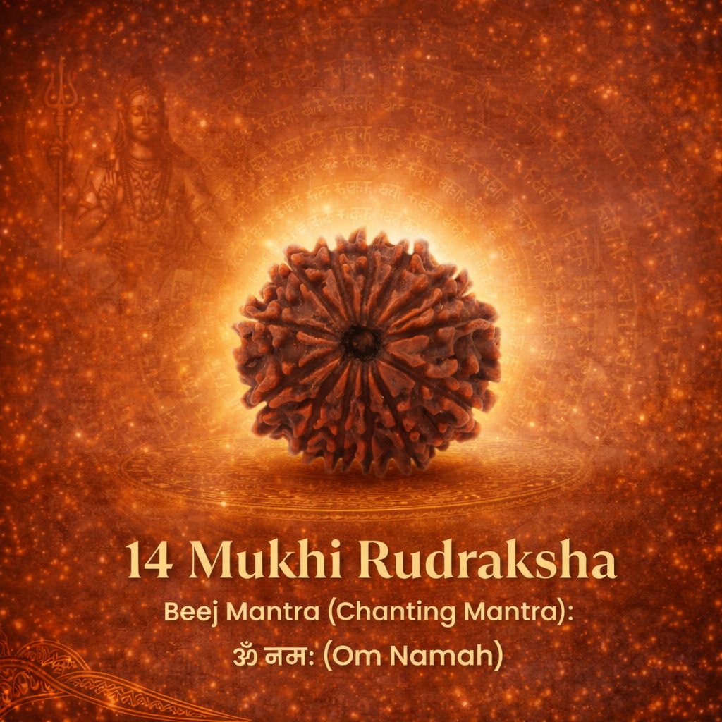 A rare Siddh 14 Mukhi Rudraksha bead from Nepal, known as the Dev Mani. The image shows a large, high-grade mahogany-colored seed with 14 distinct, deep natural grooves running from top to bottom. Its surface is exceptionally robust and well-defined, symbolizing the protective power of Lord Hanuman.
