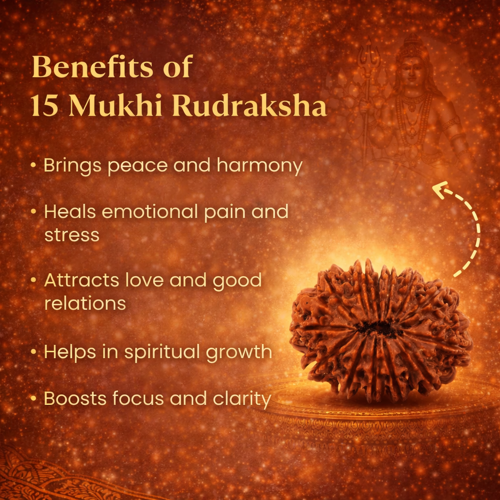A rare Siddh 15 Mukhi Rudraksha bead from Nepal, symbolizing Lord Pashupatinath. The image displays a large, well-formed brown seed with 15 distinct natural lines radiating from the top to the bottom. Its surface is dense and richly textured, representing emotional healing and economic success.