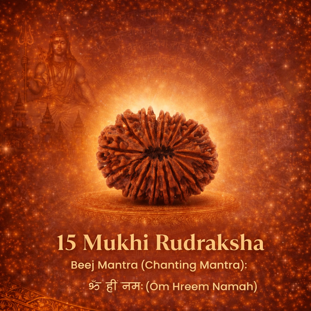 A rare Siddh 15 Mukhi Rudraksha bead from Nepal, symbolizing Lord Pashupatinath. The image displays a large, well-formed brown seed with 15 distinct natural lines radiating from the top to the bottom. Its surface is dense and richly textured, representing emotional healing and economic success.