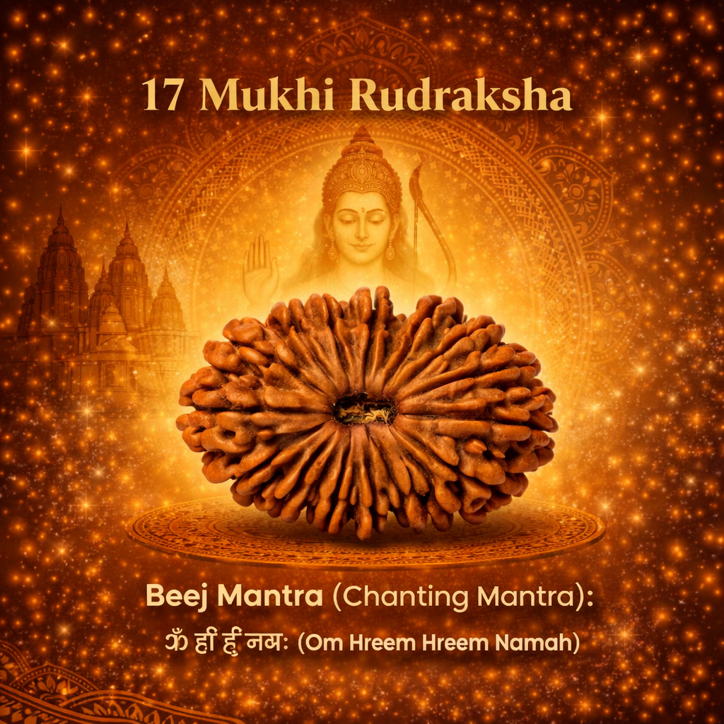 A rare Siddh 17 Mukhi Rudraksha bead from Nepal, signifying Lord Vishwakarma. The image showcases a large, high-grade mahogany-colored seed with 17 distinct, natural lines running symmetrically from the top to the bottom, representing divine craftsmanship and creative power.