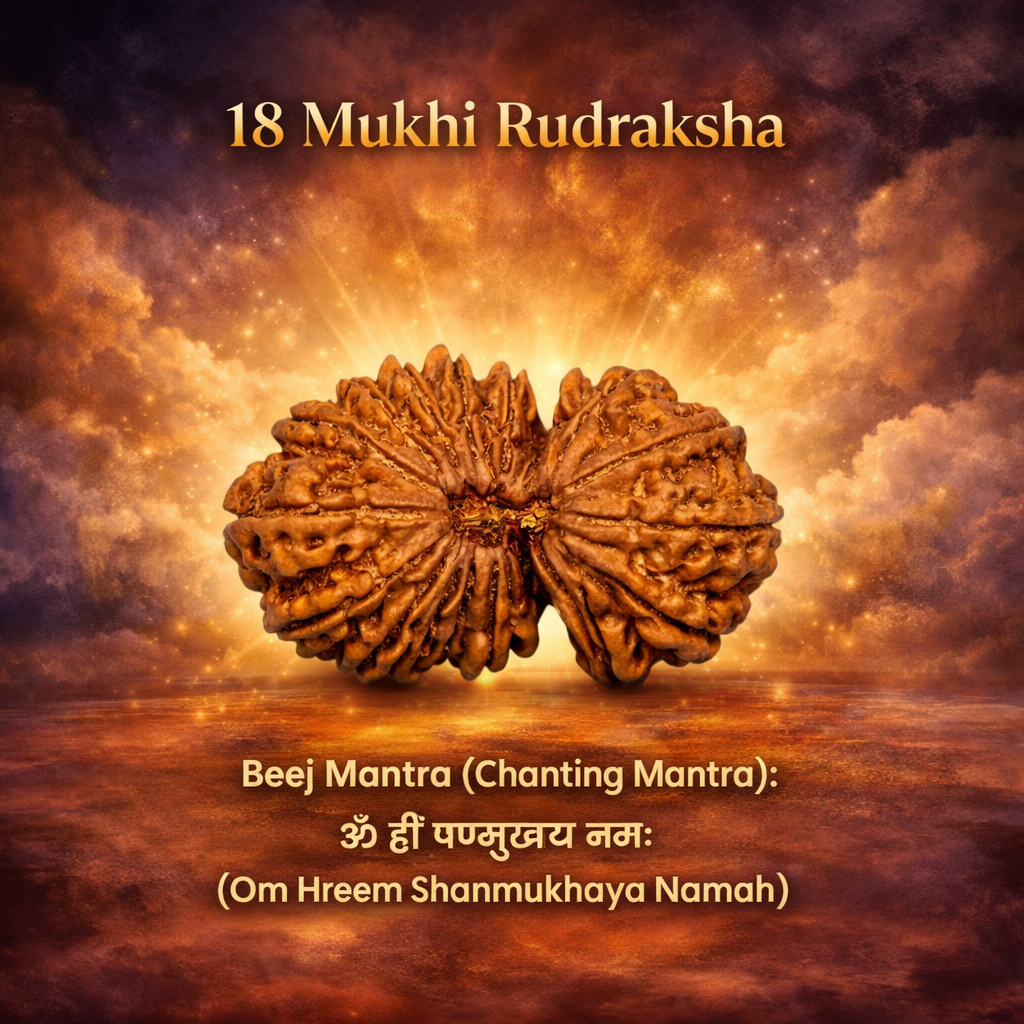 A rare Siddh 18 Mukhi Rudraksha bead from Nepal, representing Mother Earth (Bhumi Devi). The image displays a large, robust brown seed with 18 clear, natural grooves running vertically across its surface, symbolizing stability and abundance.