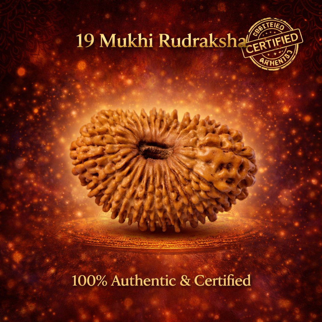 A rare, high-quality Siddh 19 Mukhi Rudraksha bead from Nepal. The image shows a large, well-rounded brown seed with 19 clearly defined natural grooves or 'faces' running from top to bottom, signifying its authenticity and premium collector grade.
