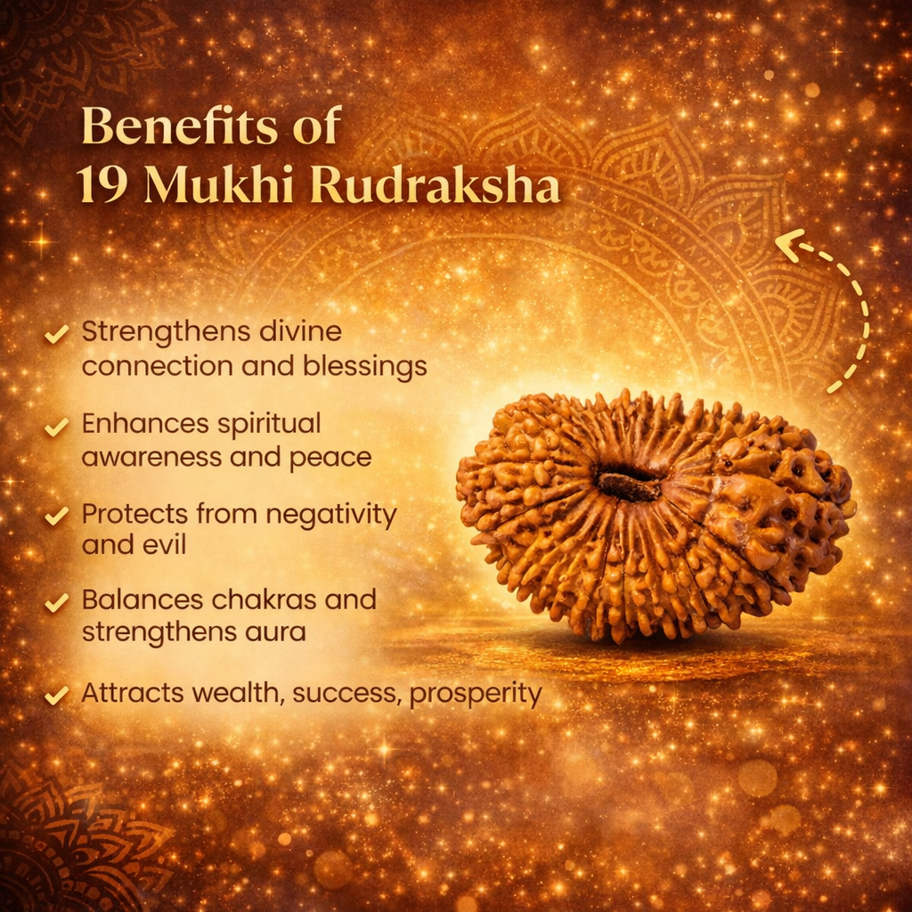 A rare, high-quality Siddh 19 Mukhi Rudraksha bead from Nepal. The image shows a large, well-rounded brown seed with 19 clearly defined natural grooves or 'faces' running from top to bottom, signifying its authenticity and premium collector grade.