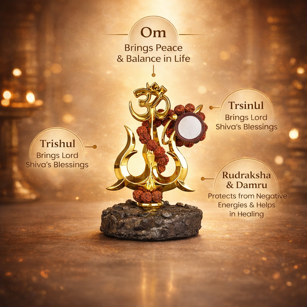 A handcrafted Shiva Shakti Trishul made of polished brass, featuring a central spear flanked by two curved outer blades. A small wooden Damru is tied to the shaft with a sacred red and yellow thread, symbolizing the balance of creation and destruction.