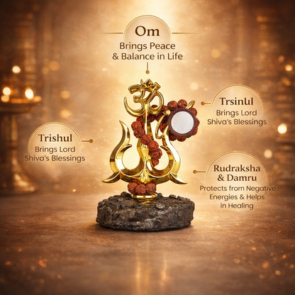 A handcrafted Shiva Shakti Trishul made of polished brass, featuring a central spear flanked by two curved outer blades. A small wooden Damru is tied to the shaft with a sacred red and yellow thread, symbolizing the balance of creation and destruction.