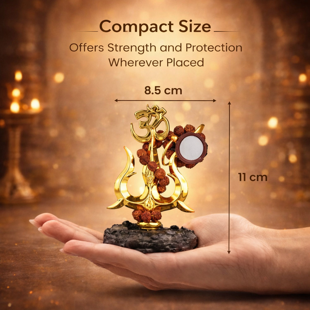 A handcrafted Shiva Shakti Trishul made of polished brass, featuring a central spear flanked by two curved outer blades. A small wooden Damru is tied to the shaft with a sacred red and yellow thread, symbolizing the balance of creation and destruction.