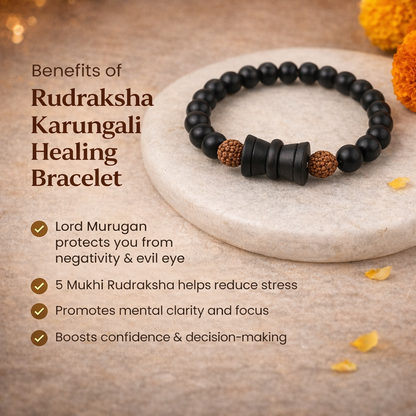 A spiritual healing bracelet featuring alternating 8mm natural brown Rudraksha beads and polished black Karungali (Ebony wood) beads. The center features a detailed silver-toned Damru charm, symbolizing Lord Shiva's energy, all strung on a durable elastic cord.