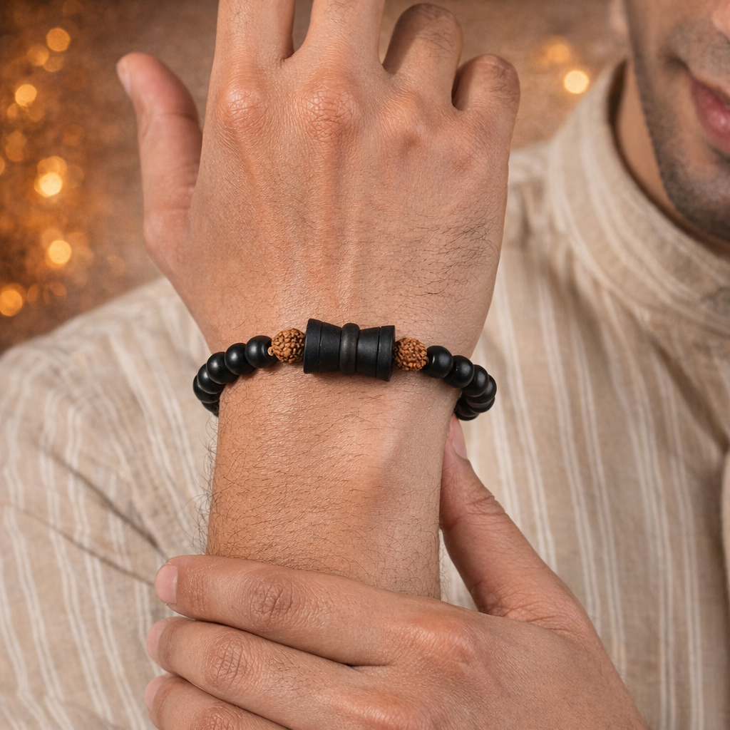 A spiritual healing bracelet featuring alternating 8mm natural brown Rudraksha beads and polished black Karungali (Ebony wood) beads. The center features a detailed silver-toned Damru charm, symbolizing Lord Shiva's energy, all strung on a durable elastic cord.
