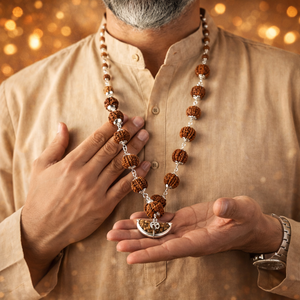 A premium Sarva Siddh Rudraksha Mala featuring 14 distinct collector-grade beads, ranging from 1 to 14 Mukhi. Each large, natural Nepalese bead is separated by gold-capped spacers or traditional red silk knots, showcasing deep, well-defined mukhi lines and a rich mahogany texture.