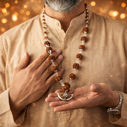 A premium Sarva Siddh Rudraksha Mala featuring 14 distinct collector-grade beads, ranging from 1 to 14 Mukhi. Each large, natural Nepalese bead is separated by gold-capped spacers or traditional red silk knots, showcasing deep, well-defined mukhi lines and a rich mahogany texture.