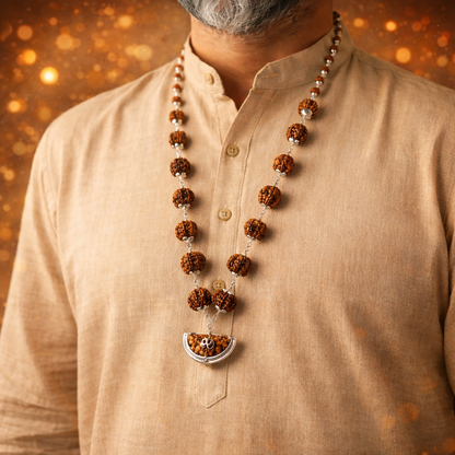 A premium Sarva Siddh Rudraksha Mala featuring 14 distinct collector-grade beads, ranging from 1 to 14 Mukhi. Each large, natural Nepalese bead is separated by gold-capped spacers or traditional red silk knots, showcasing deep, well-defined mukhi lines and a rich mahogany texture.