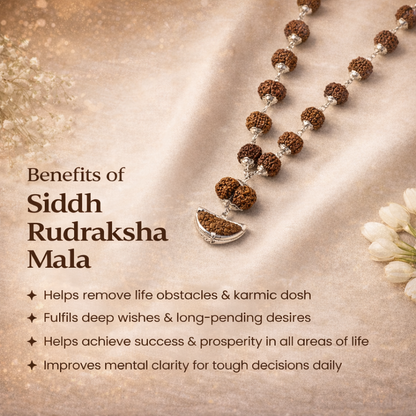 A premium Sarva Siddh Rudraksha Mala featuring 14 distinct collector-grade beads, ranging from 1 to 14 Mukhi. Each large, natural Nepalese bead is separated by gold-capped spacers or traditional red silk knots, showcasing deep, well-defined mukhi lines and a rich mahogany texture.